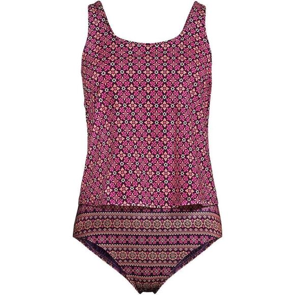 Land's End One Piece Swimsuit Fauxkini scoop neck blackberry tile Geo print 8 - Picture 5 of 6